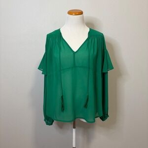 Line & Dot Green Blouse V-Neck Ruffle Sleeve Tassel Tie Sheer XS
